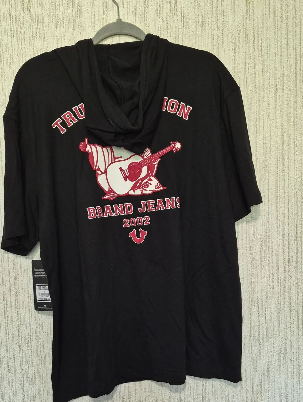 True Religion Buddha Hoodie Tee Jet Black Red Graphic Size L NWT